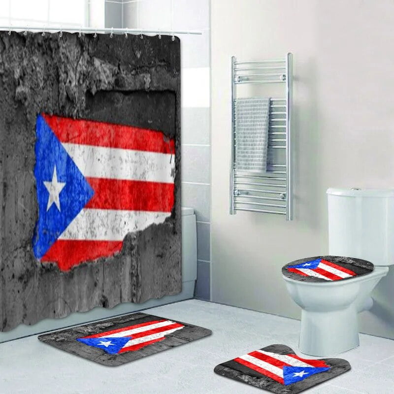 Puerto Rican Flag Shower Curtain 3D Printed Bath Mat Set Polyester