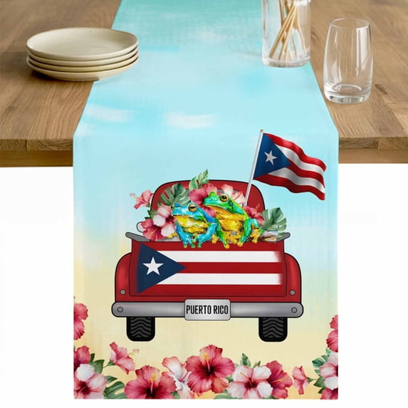 Puerto Rican Flag Table Runner 60 Inches Long Farmhouse Dress Scarves, Vintage Country Truck Flowers Blue Beige Dining Tablerunner for Coffee Table/Kitchen Island/Party Décor, 13" x 60"