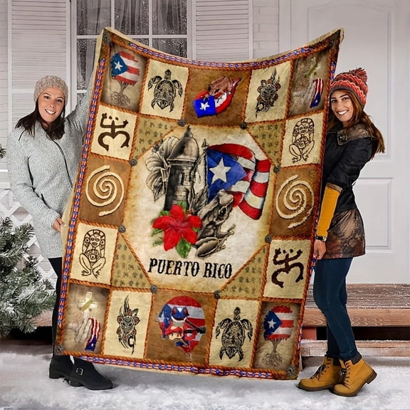 [Puerto Rican Flannel Blanket] Vibrant Polyester Flannel Blanket | Puerto Rican Themed, Geometric Print, Soft Knit Construction, All-Season Cozy Throw for Indoor & Outdoor Use