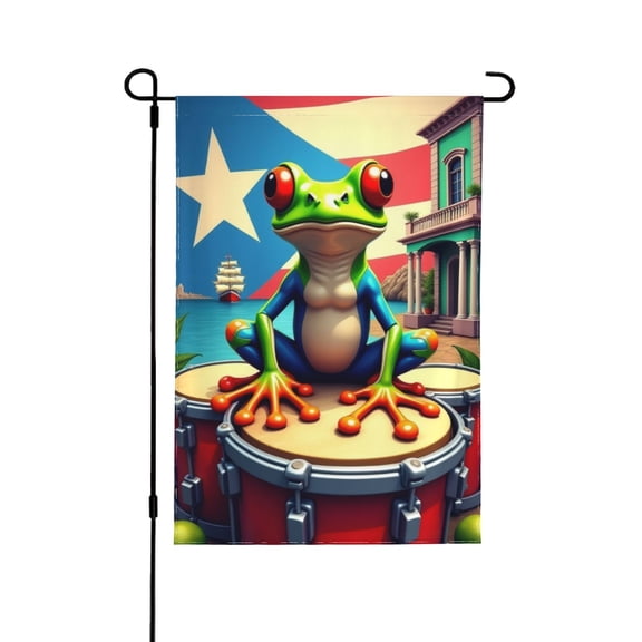 Puerto Rican Frog On Congas Garden Flag Double Sided 12x18 Inch Outdoor Decor Tropical Island Themed Yard Flag Festive Patio Banner Summer House Flag
