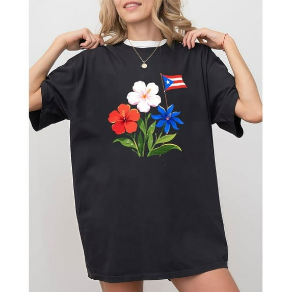 Puerto Rican Heritage Womens Graphic Tee Shirt Floral Flag Motif Cultural Tops Short Sleeve Crew Neck Black S-5XL