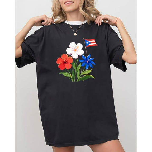 Puerto Rican Heritage Womens Graphic Tee Shirt Floral Flag Motif Cultural Tops Short Sleeve Crew Neck Black S-5XL