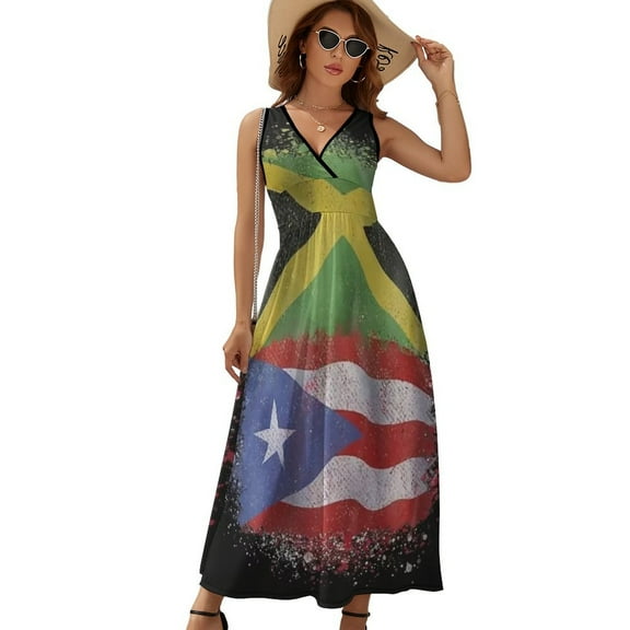 Puerto Rican Jamaican Love Jamarican Womens Night Club Maxi Dress V Neck Sleeveless Bohemia Long Dresses