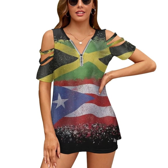 Puerto Rican Jamaican Love Jamarican Womens Summer V Neck Zipper Top Short Sleeve T Shirt Off Shoulder Top Casual Classy Loose Shirts