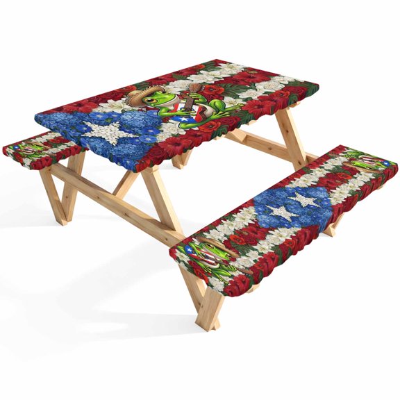 Puerto Rican Picnic Table Cover with Bench Covers Flag Themed Watercolor Flowers Cartoon Frog Guitar Waterproof Fitted Picnic Tablecloth 3 Pieces Set Table Cloth for Outdoor Camping Garden BBQ