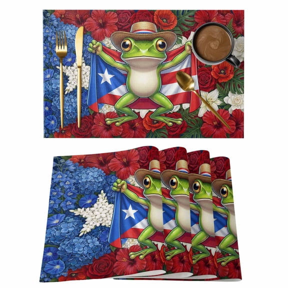 Puerto Rican Placemats Set of 6, Flag Themed Watercolor Flowers Cartoon Funny Frog Non-Slip Place Mats Washable Table Mats for Kitchen Dining Table Decorations Indoor/Outdoor