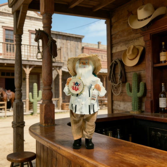 Puerto Rican Style Santa Claus Figurine 11-Inch Christmas Puerto Rico Santa Figure Decor with Straw Hat Guayabera Coqui Frog Tambourine and Rum Bottle Holiday Display 1pc