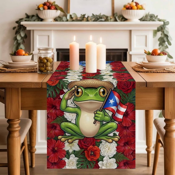 Puerto Rican Table Runner, Flag Themed Watercolor Flowers Cartoon Cute Frog Cotton Linen Kitchen Table Decoration Washable Dining Tabletop Runners for Home Party Decor 13x36 Inches