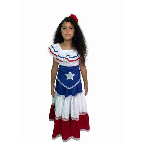 Puerto Rican Traditional Fiesta Dress for Girls with Flag & White Star