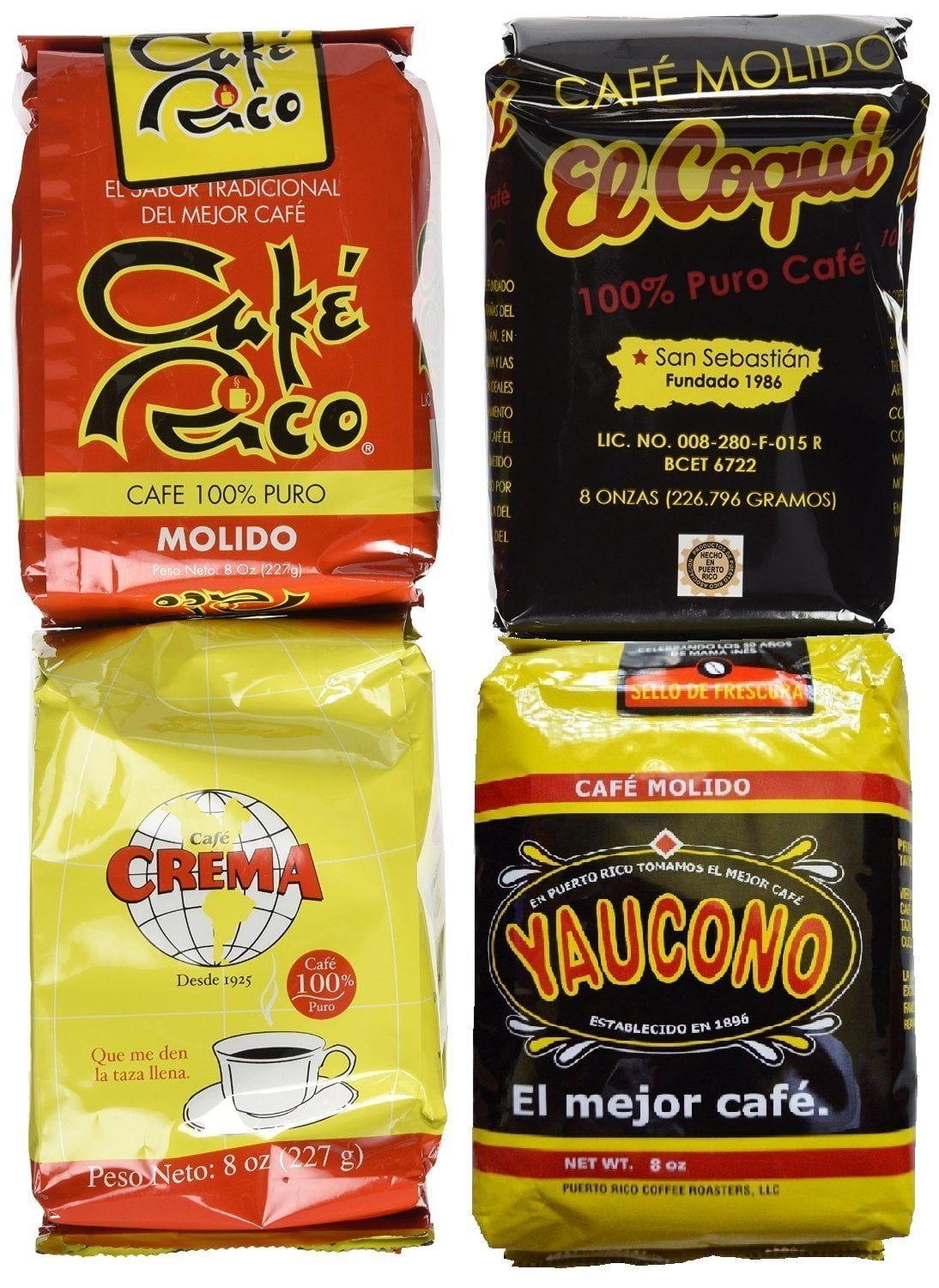 Puerto Rican Variety Pack Ground Coffee - Cafe Rico,Cafe Coquí, Cafe Crema, Cafe Yaucono  4 Local Favorites in 8 Ounces Bags (2 lbs Total)