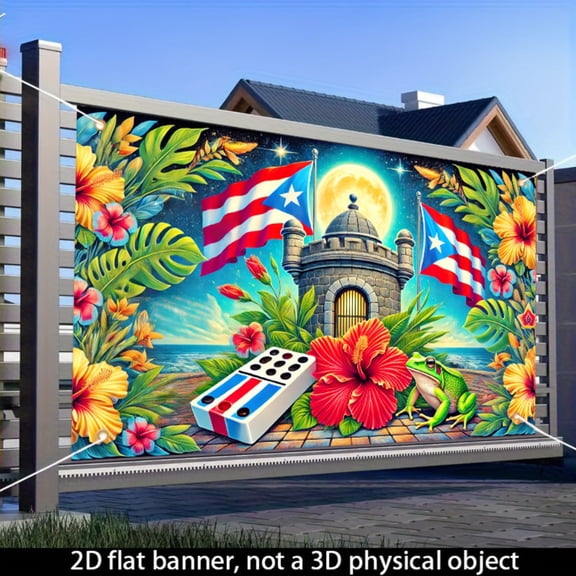 Puerto Rican flag castle frog banner, indoor and outdoor party decoration background cloth, 71x43 inches, holiday wall flag hanging, domino and hibiscus moonlight design, suitable for family and vari
