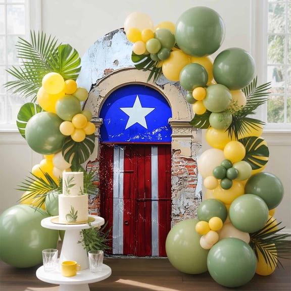 Puerto Rico Arch Backdrop Cover, 5FT, Flag Country Rustic Shabby Door Wall Graffiti Spandex Arch Covers Double-Sided Backdrop for Wedding Birthday Party Photo Background Decoration