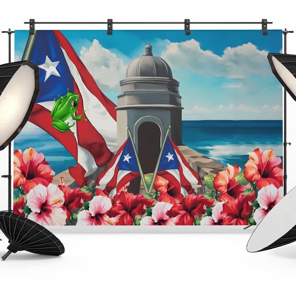 Puerto Rico Backdrop for Photography, Flag Frog Star Stripes Architecture Althea Port Photo Backdrop Portrait Background Party Banner Photo Backgrounds for Studio Booth Props, 7x5ft