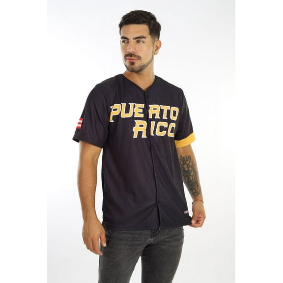 Clemente Puerto Rico Baseball Jersey for Men, Black Lightweight Short Sleeve with Flag Embroidery Medium