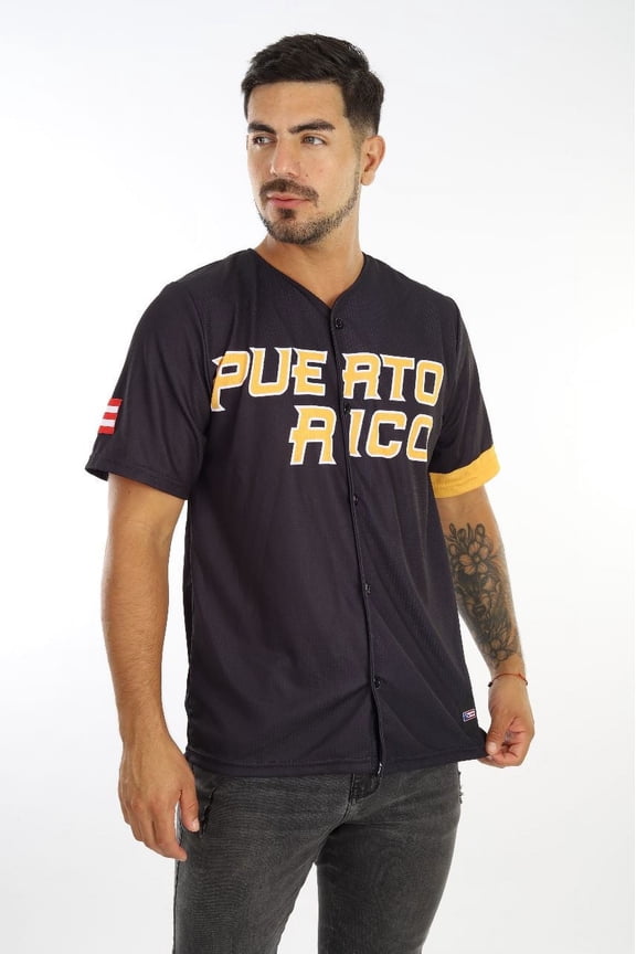 Clemente Puerto Rico Baseball Jersey for Men, Black Lightweight Short Sleeve with Flag Embroidery Medium