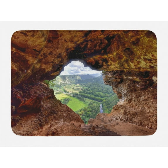 Puerto Rico Bath Mat, View Through the Window Cave in Arecibo Rock Formation Outdoors Nature Theme, Plush Bathroom Decor Mat with Non Slip Backing, 29.5" X 17.5", Multicolor, by Ambesonne