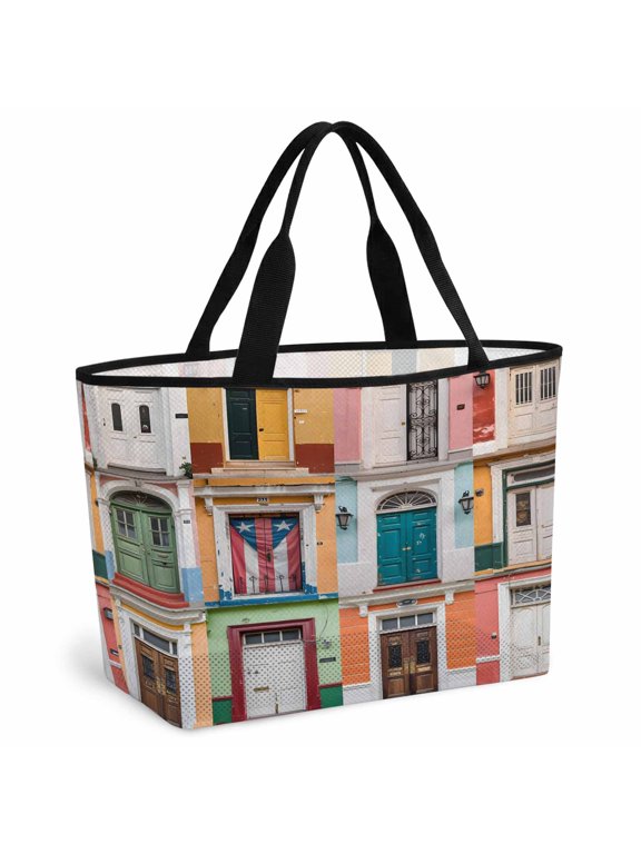 Puerto Rico Beach Bag for Women, Large Breathable Mesh Beach Tote Bag, Vintage Boho Style Door Gates Sandproof Lightweight Travel Bags for Vacation Picnic Swimming Pool 15.7"x15.7"x9.1"