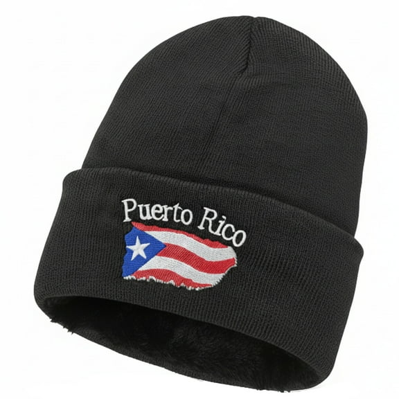 Puerto Rico Beanie Hat – Fleece-Lined Knit Winter Cap with Embroidered Flag Design, Unisex, Black