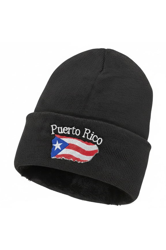 Puerto Rico Beanie Hat – Fleece-Lined Knit Winter Cap with Embroidered Flag Design, Unisex, Black