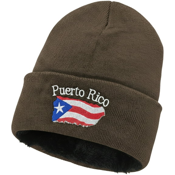 Puerto Rico Beanie Hat – Fleece-Lined Knit Winter Cap with Embroidered Flag Design, Unisex, Dark Brown
