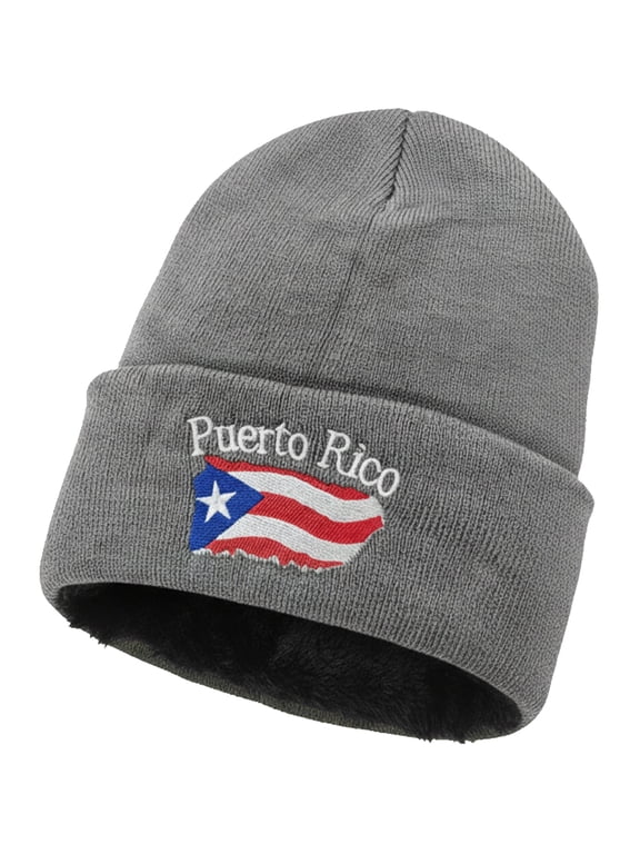 Puerto Rico Beanie Hat – Fleece-Lined Knit Winter Cap with Embroidered Flag Design, Unisex, Gray