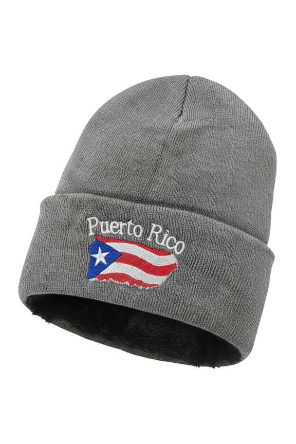 Puerto Rico Beanie Hat – Fleece-Lined Knit Winter Cap with Embroidered Flag Design, Unisex, Gray