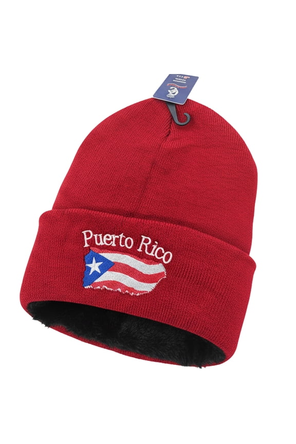 Puerto Rico Beanie Hat – Fleece-Lined Knit Winter Cap with Embroidered Flag Design, Unisex, Red