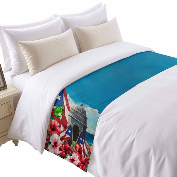 Puerto Rico Bed Runner for Twin Size Bed, Flag Frog Star Stripes Architecture Althea Port Soft Bedding Scarf Bedding Protector Slipcover Sofa Throw for Bedroom Hotel Guesthouse