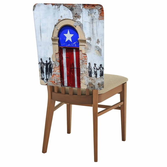 Puerto Rico Chair Back Covers Pack of 1, Flag Country Rustic Shabby Door Wall Graffiti Removable Dining Seat Cover Washable Kitchen Chair Slipcovers Protective for Party Festival Decoration 19x20in
