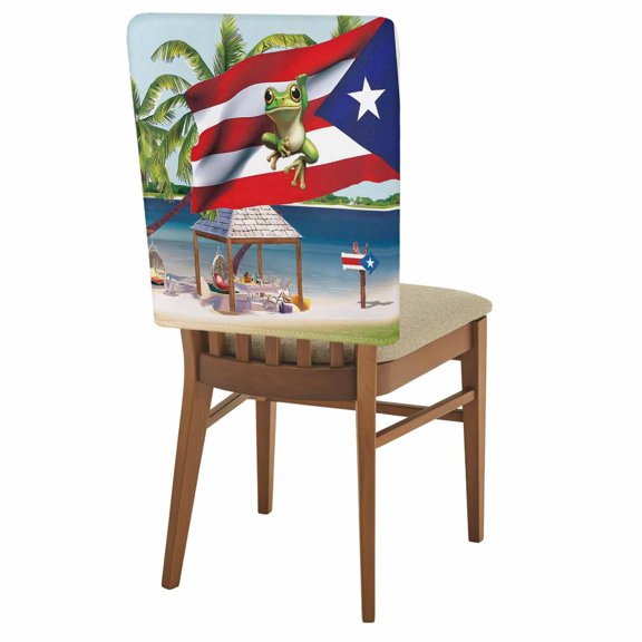 Puerto Rico Chair Back Covers Pack of 1, Flag Frog Red White Stripes Beach Palm Trees Removable Dining Seat Cover Washable Kitchen Chair Slipcovers Protective for Party Festival Decoration 19x20in