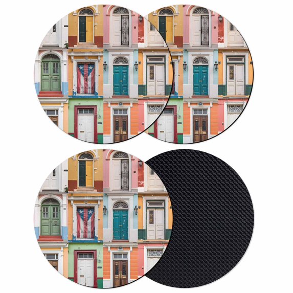 Puerto Rico Coasters Set of 4, Vintage Boho Style Door Gates Absorbent Coasters for Drinks, Coaster for Bar Office Dining Coffee Table Accessories Decor, Non Slip Round Desk Coaster
