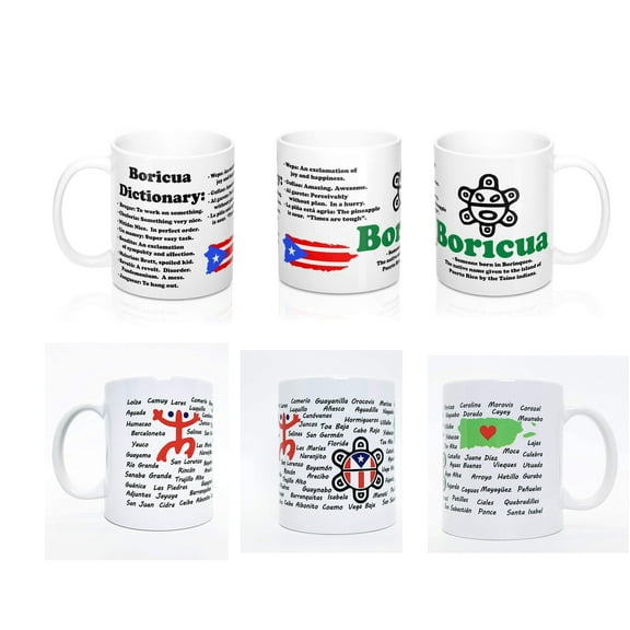 Puerto Rico Coffee Mug Set of Two (11oz. Each): Coqui, Made in Puerto Rico, Puerto Rican Map & Taino Sun, All Puerto Rican Towns and Boricua Dictionary Puerto Rican Flag