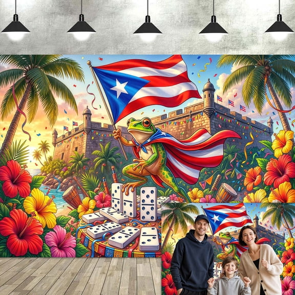 Puerto Rico Coqui Frog Photography Backdrop, Patriotic Puerto Rican Flag Dominoes Tropical Hibiscus Castle Background for Fiesta Birthday Party Photo Booth Decorations Banner, 5x3ft