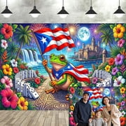 Puerto Rico Coqui Frog Photography Backdrop, Patriotic Puerto Rican Flag Dominoes Tropical Hibiscus Waterfall Castle Background for Birthday Party Fiesta Photo Booth Decorations Banner, 5x3ft