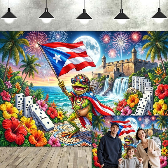 Puerto Rico Coqui Frog Photography Backdrop, Patriotic Puerto Rican Flag Dominoes Tropical Hibiscus Waterfall Castle Background for Fiesta Birthday Party Photo Booth Decorations Banner, 10x8ft