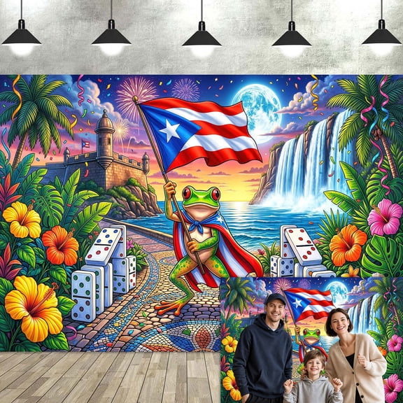 Puerto Rico Coqui Frog Photography Backdrop, Patriotic Puerto Rican Flag Dominoes Waterfall Castle Background for Fiesta Birthday Party Photo Booth Decorations Banner, 7x5ft