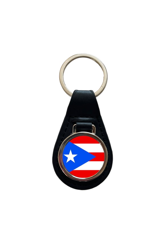 Puerto Rico Country Flag Metal Black Leather Keychain