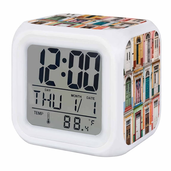 Puerto Rico Digital Alarm Clock for Bedrooms, Smart LED Alarm Clock with 7 Color Changing Night Light, Vintage Boho Style Door Gates Silent Wake Up Clocks for Sleep Study Cooking 3.2"x3.2"