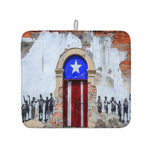 Puerto Rico Dish Drying Mat 16x18 inch Flag Country Rustic Shabby Door Wall Graffiti Super Absorbent Microfiber Dish Drying Pad for Kitchen Countertops Sink Dish Drainer Racks Coffee Bar Mats 1 Pack
