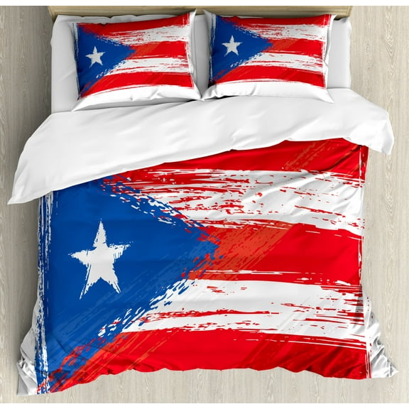 Puerto Rico Duvet Cover Set King Size, Sketch Hand-drawn Style National Country Flag with Grunge Look, Decorative 3 Piece Bedding Set with 2 Pillow Shams, Dark Coral Azure Blue, by Ambesonne