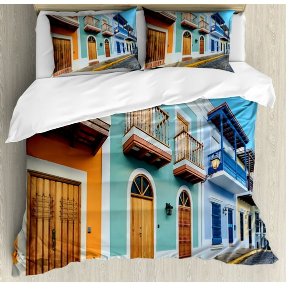 Puerto Rico Duvet Cover Set Queen Size, Street in Old San Juan with Colorful Houses by the Sea Caribbean Architecture, Decorative 3 Piece Bedding Set with 2 Pillow Shams, Multicolor, by Ambesonne