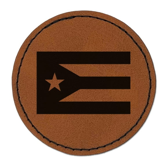 Puerto Rico Flag 2.5" Faux Leather Round Engraved Iron-On Patch - Brown