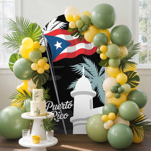 Puerto Rico Flag Arch Backdrop Cover, 4FT, Modern Art Building Red Blue Flag Palm Trees Spandex Arch Covers Double-Sided Backdrop for Wedding Birthday Party Photo Background Decoration