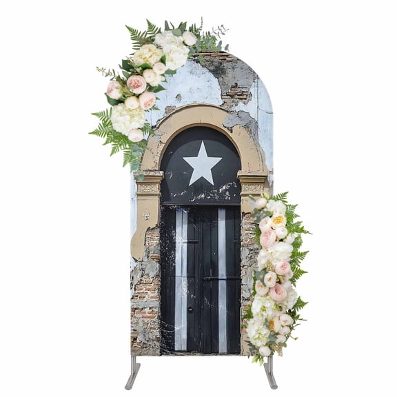 Puerto Rico Flag Arch Backdrop Cover 5FT, Retro Rustic Door Artwork Picture Prints Spandex Fitted Stretchy Arch Stand Covers, Round Top Chiara Backdrop Cover for Wedding Party Birthday Baby Shower