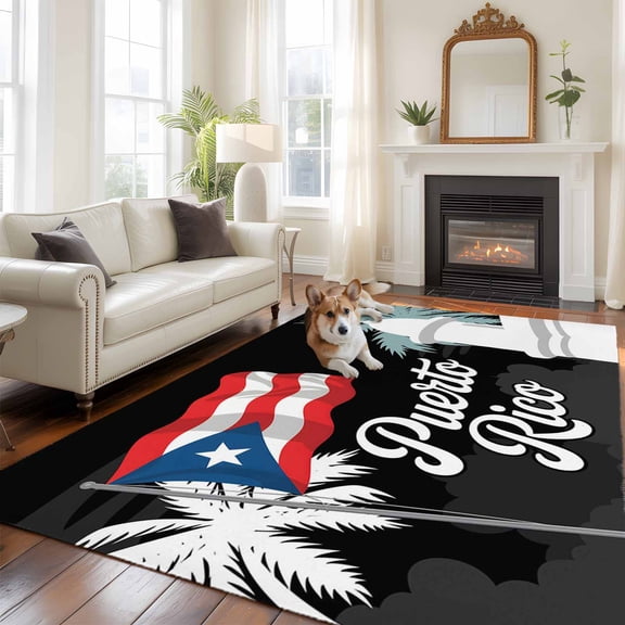 Puerto Rico Flag Area Rug 5x8 FT, Non Slip Bedroom Throw Carpet, Modern Art Palm Tree American Flags Washable Soft Floor Carpet Non-Shedding Rug for Living Room Nursery Dorm Office