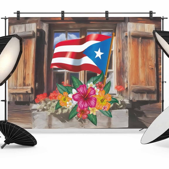 Puerto Rico Flag Backdrop for Photography,Fabric Photo Background Backdrop,Farmhouse Retro Flowers American Flags Photo Booth Background for Portrait Photoshoot Video Wedding Studio Banner 7x5ft