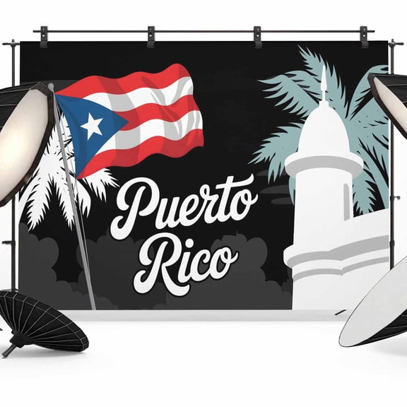Puerto Rico Flag Backdrop for Photography, Modern Art Building Red Blue Flag Palm Trees Photo Backdrop Portrait Background Party Banner Photo Backgrounds for Studio Booth Props, 7x5ft