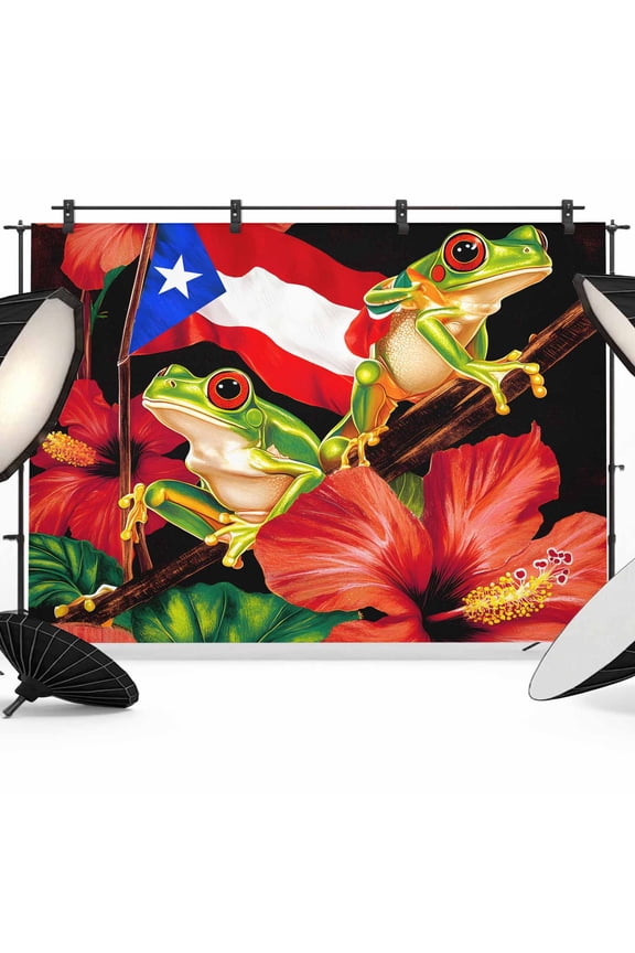 Puerto Rico Flag Backdrop for Photography, Red Althea Floral Green Frog Black Background Photo Backdrop Portrait Background Party Banner Photo Backgrounds for Studio Booth Props, 7x5ft