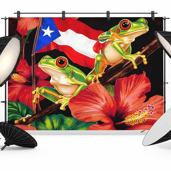 Puerto Rico Flag Backdrop for Photoshoot, Photography Photo Studio Background Wall Backdrop, Frog Red Flower Summer Leaf Back Drop Banner Panel for Portraits Wedding Party Live Streaming Decor 8x6Ft