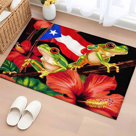 Puerto Rico Flag Bathroom Mats 2x3 FT, Non Slip Small Kitchen Mat, Frog Red Flower Summer Leaf Washable Soft Backed Front Door Throw Rugs Non-Shedding Indoor Outdoor Doormat for Entryway Sink